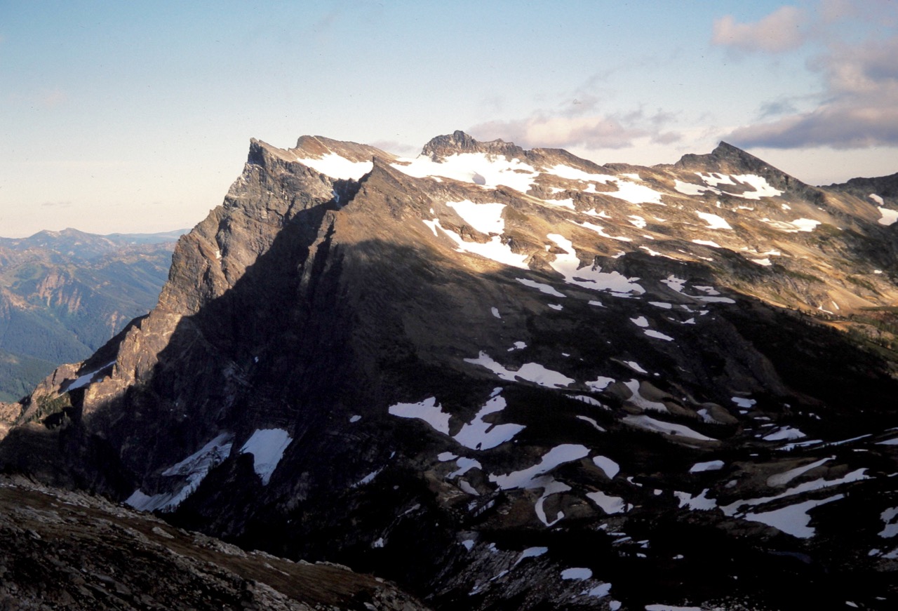 Last sun on the summit of Buck Mountain taken from Mt Berge in the Chiwawa Mountains