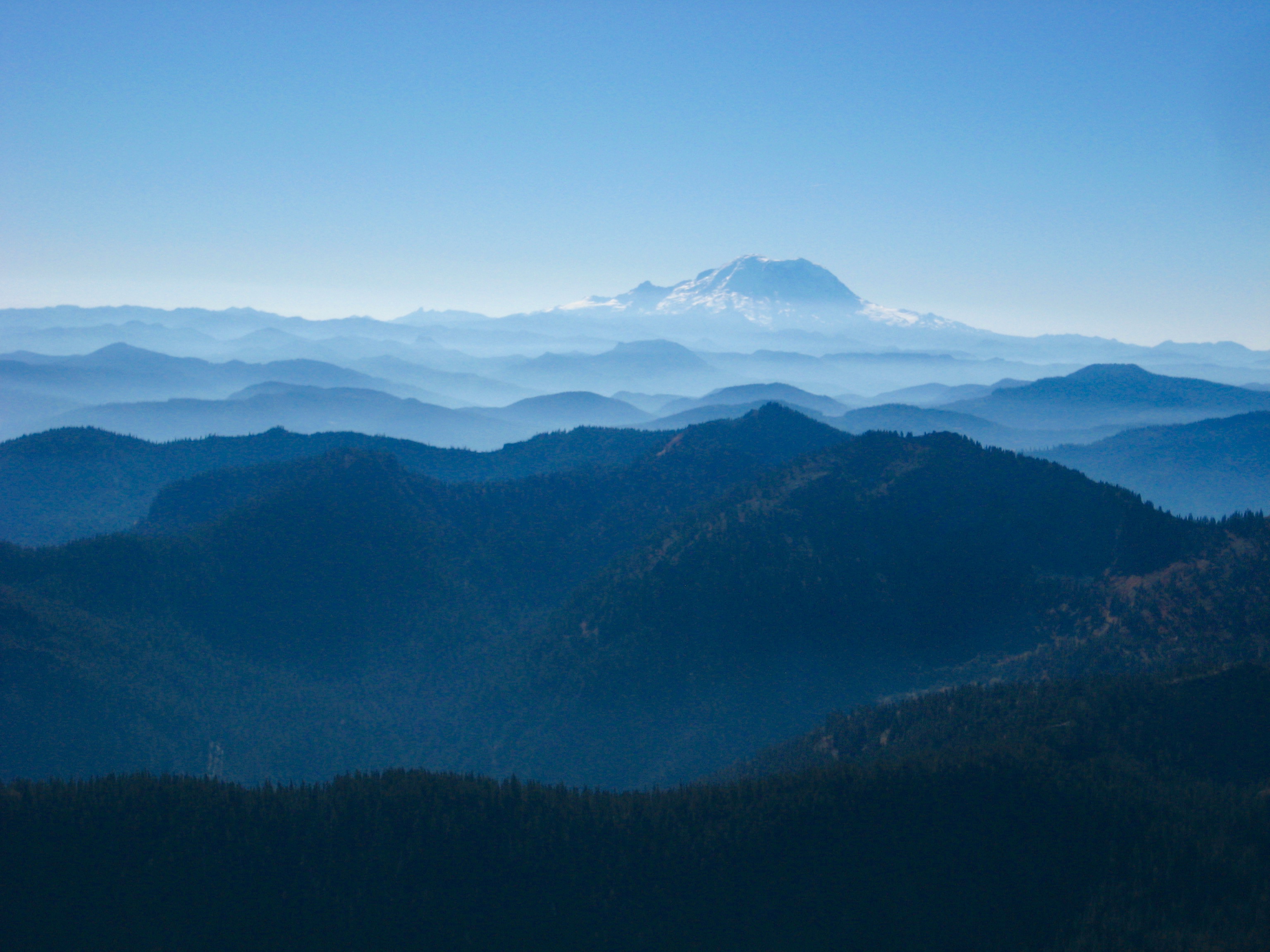 evening light on Mt Rainier with Fading Ridges as seen from the summit of Hibox Peak in the Snoqualmie Mountains