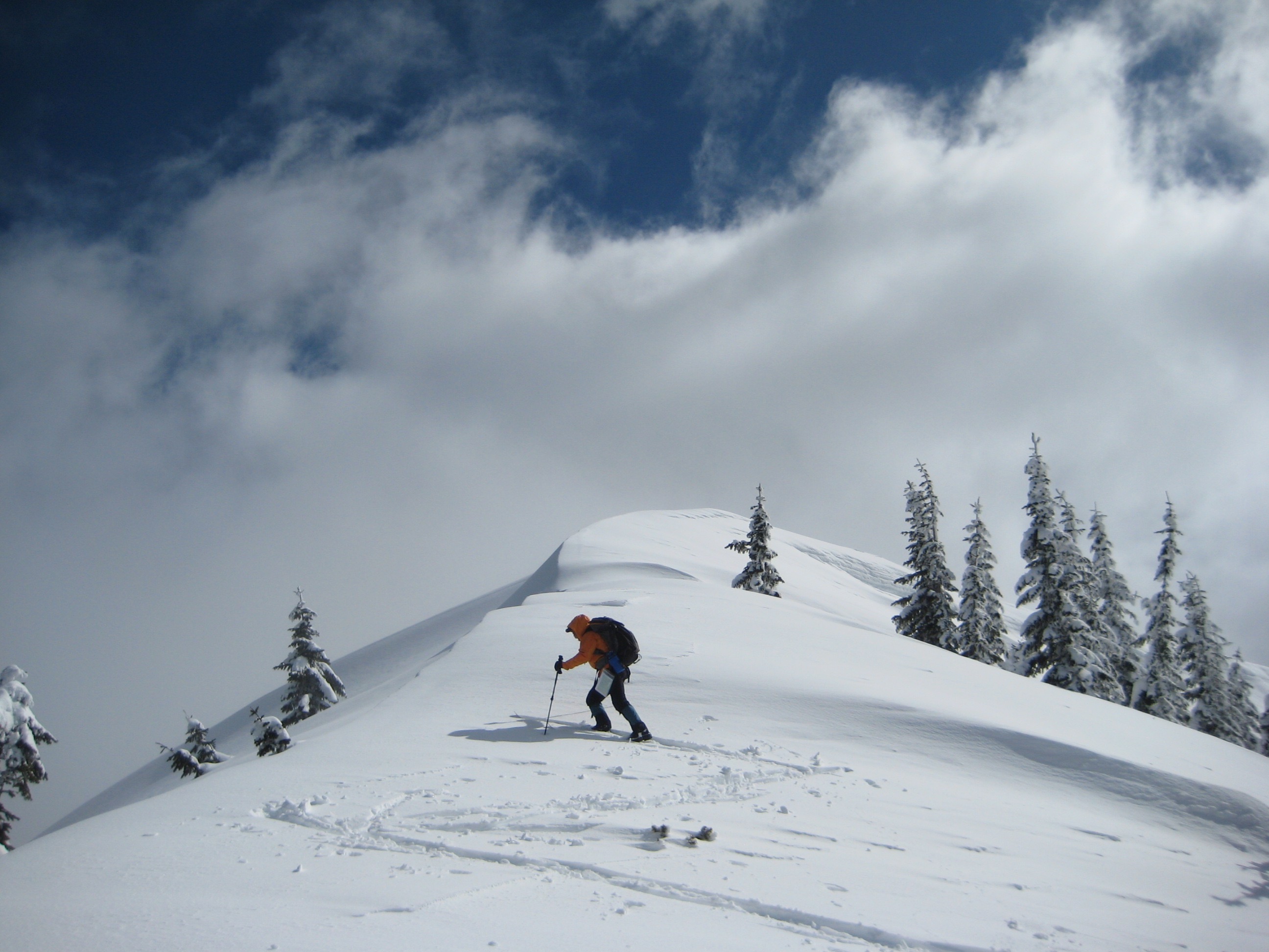 A backcountry skier ascends a broad snow ridge on Catt Peak in the Cascades