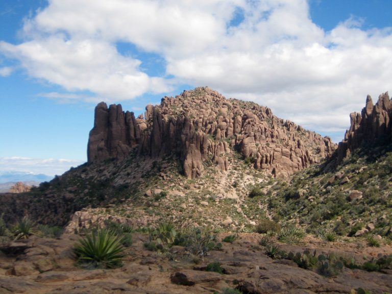 rocky columns on Ironview Peak as seen from The Flatiron in the Superstition Mountains of Arizona