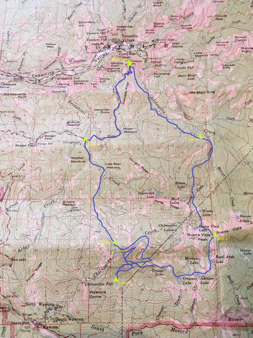Buena Vista Loop Route shown on a Topo Map in Yosemite National Park