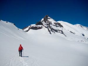 Climber snowshoeing towards Whitman Notch and Little Tahoma Peak
