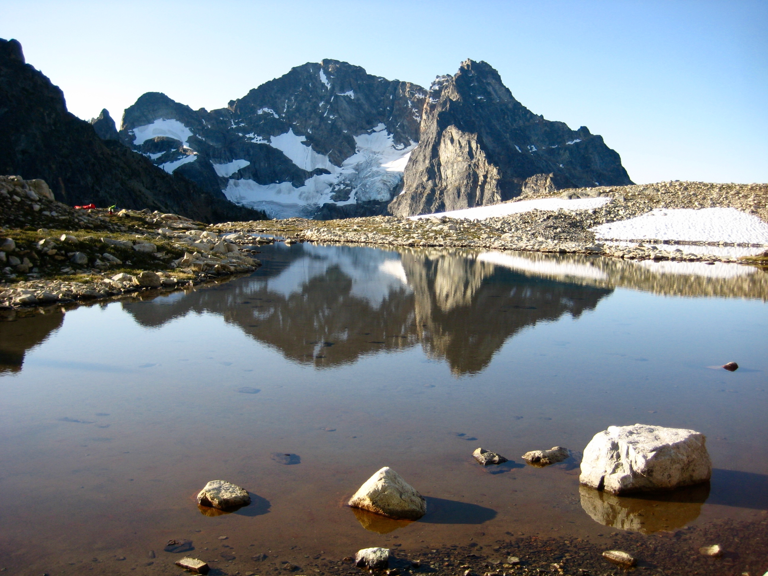 Morning light on Black Peak and Upper SIlent Lake from climbers camp at Upper Silent Lake