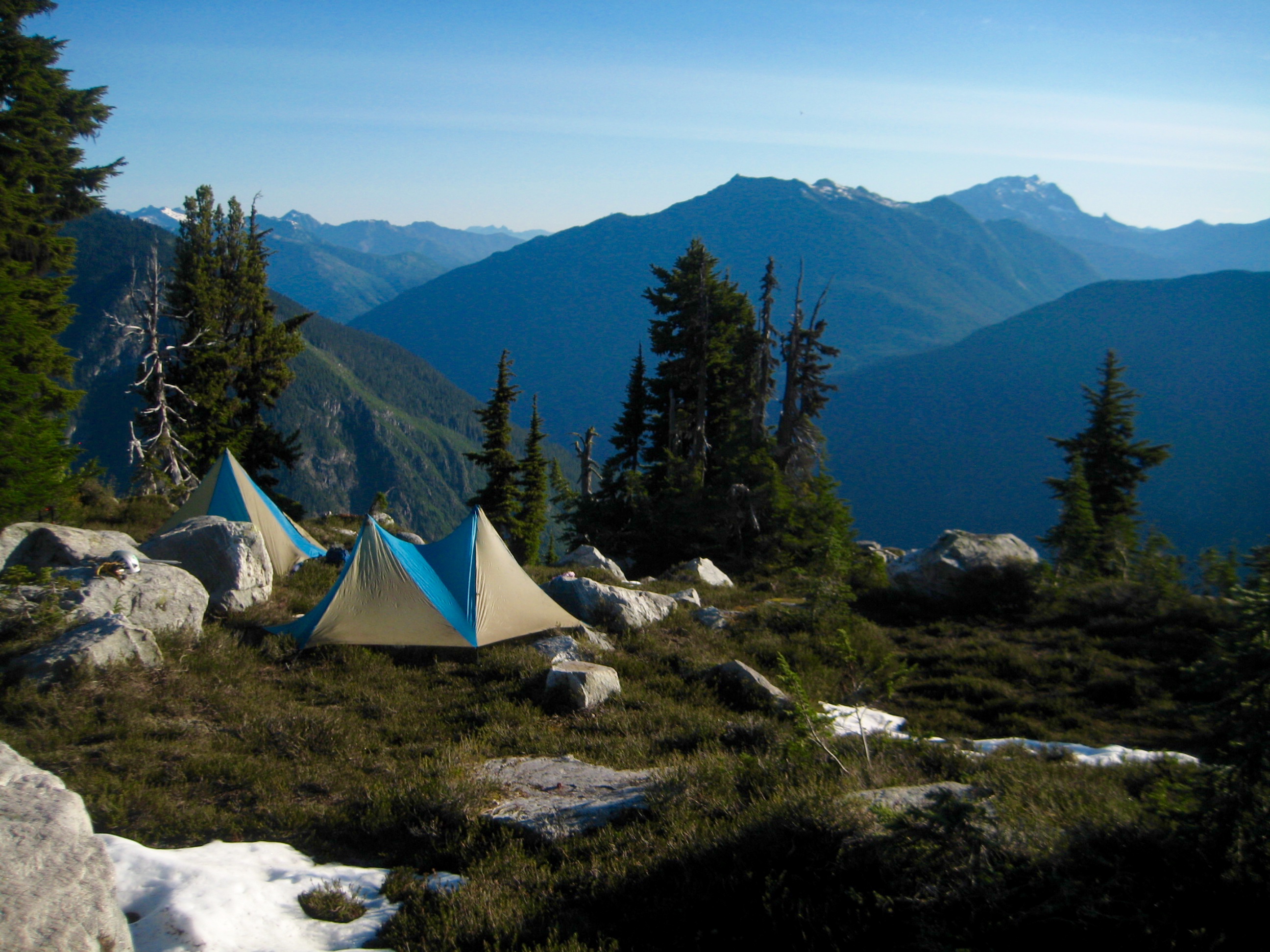 Mountain climber's camp on top of Borealis Ridge in the Norrth Cascades start of McAllister Traverse aka Inspiration Traverse