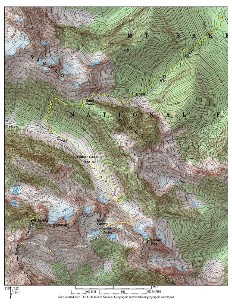 Route map from Easy Pass Trailhead to Easy Pass to Silent Lakes including Mt Arriva and Fisher Peak