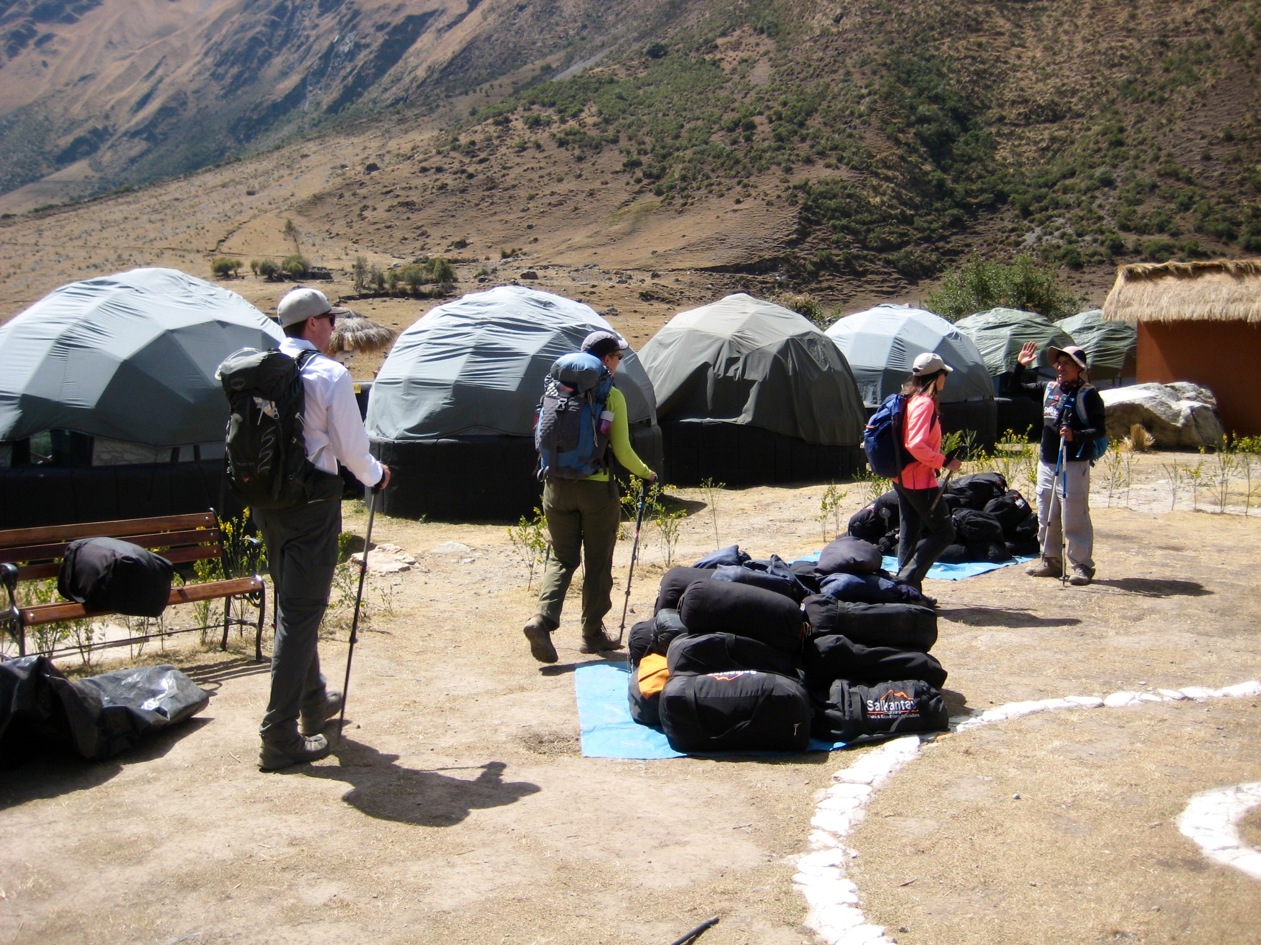 trekkers arriving at Soraypampa Sky Camp on the Salkantay trail in Peru