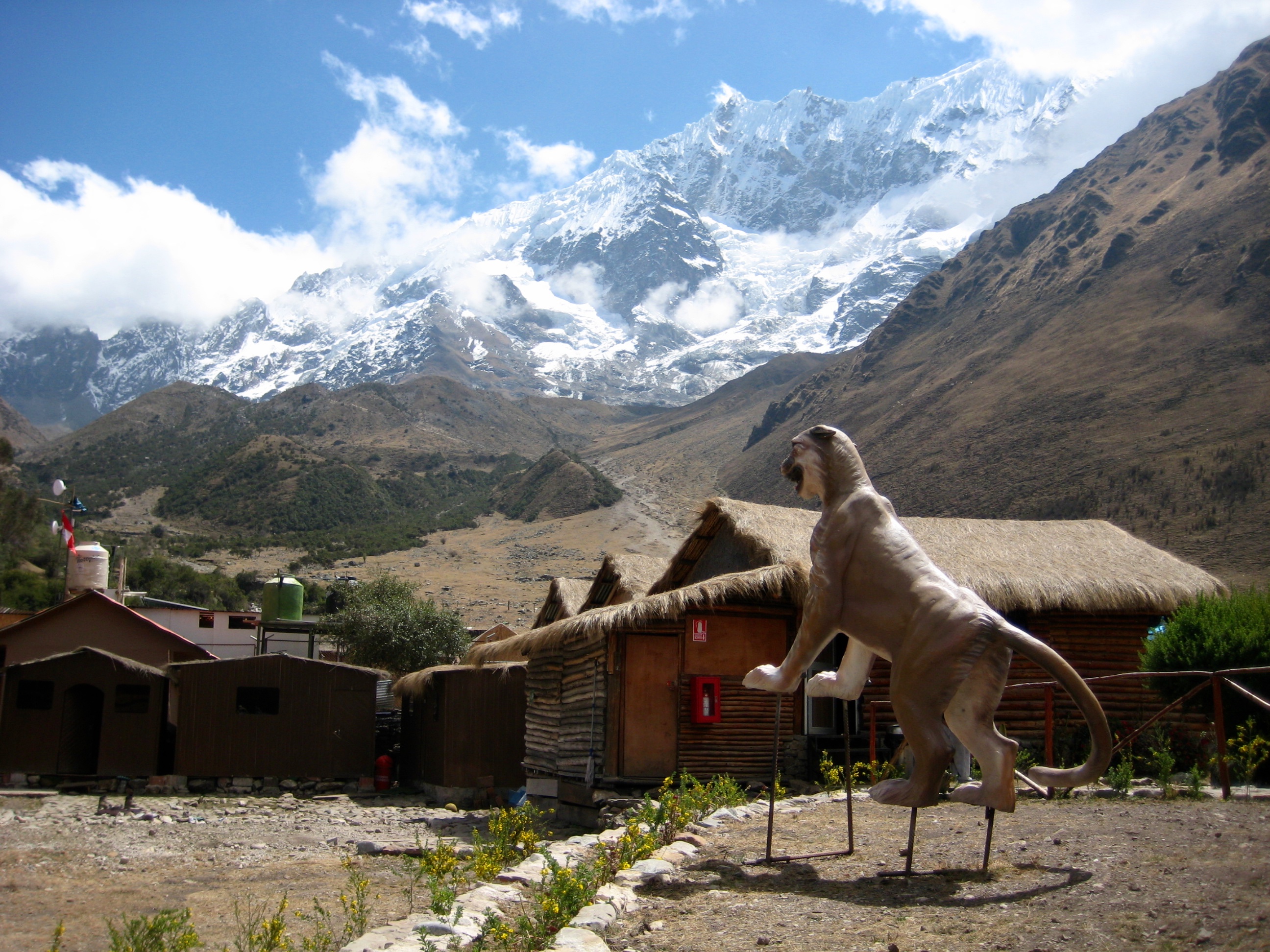 view of snow covered mountains and grassy terrain from Soraypampa Sky Camp