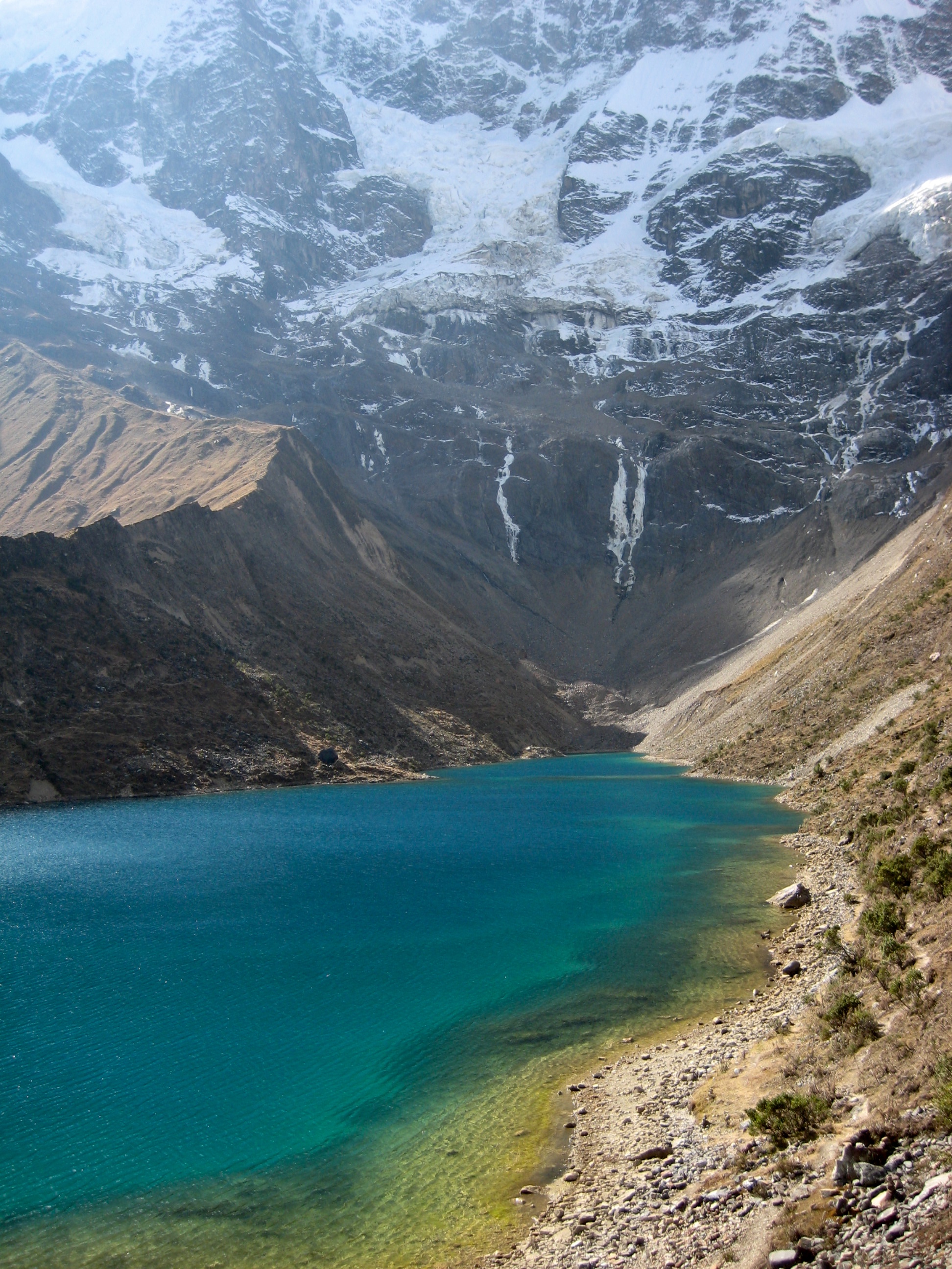 Lake Humantay shoreline with snowy mountain in background