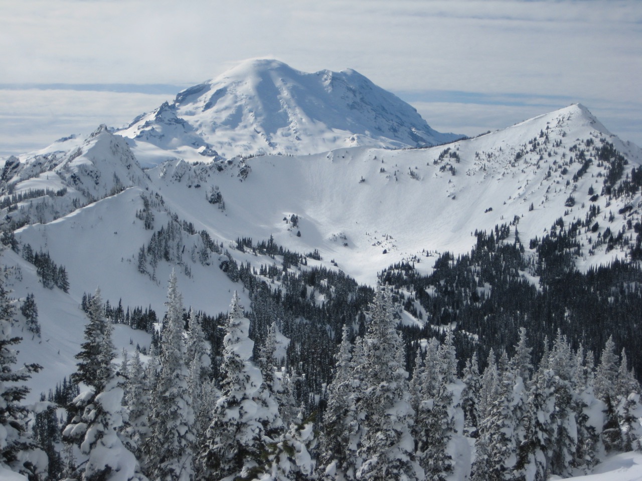 Mt Rainier is viewed from Pickhandle Point on a winter day