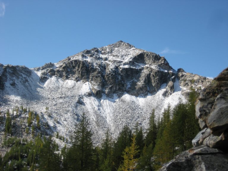 Fresh snow dusts rocky Martin Peak in the Sawtooth Mountains