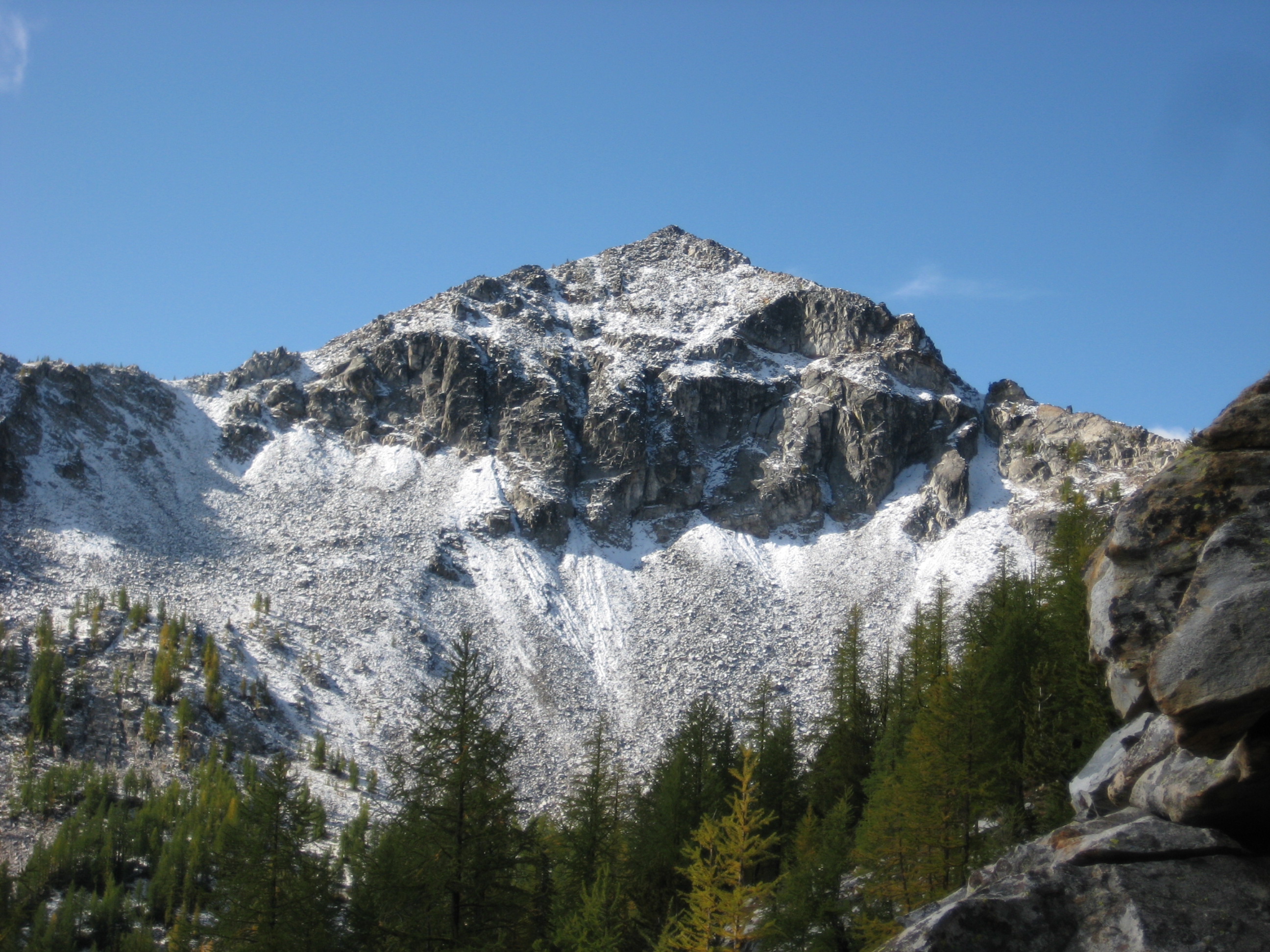 Fresh snow dusts rocky Martin Peak in the Sawtooth Mountains