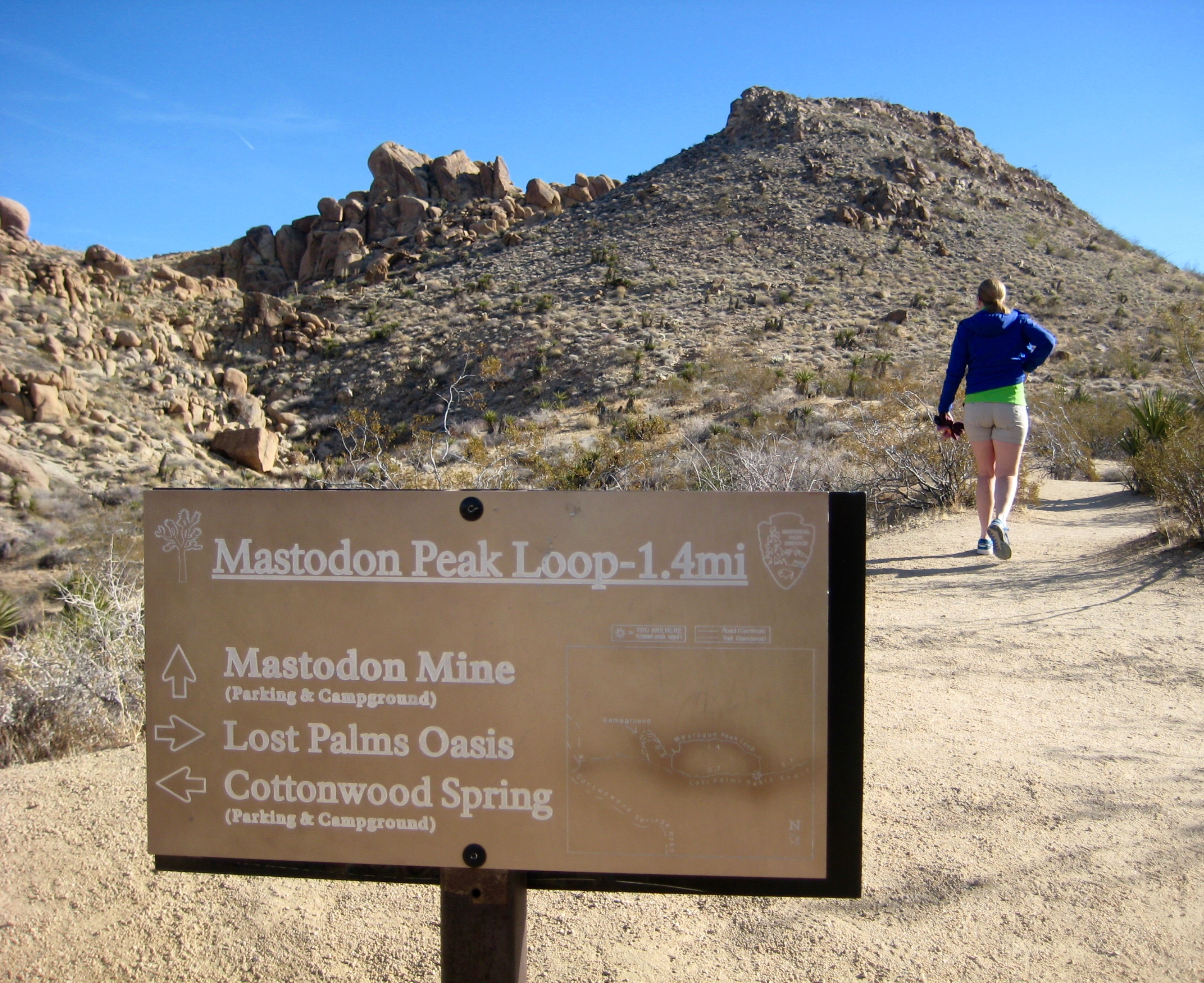 hiker walks on the Mastodon Peak trail in Joshua Tree National Park with trail sign in the foreground and loose, rocky hills in the background