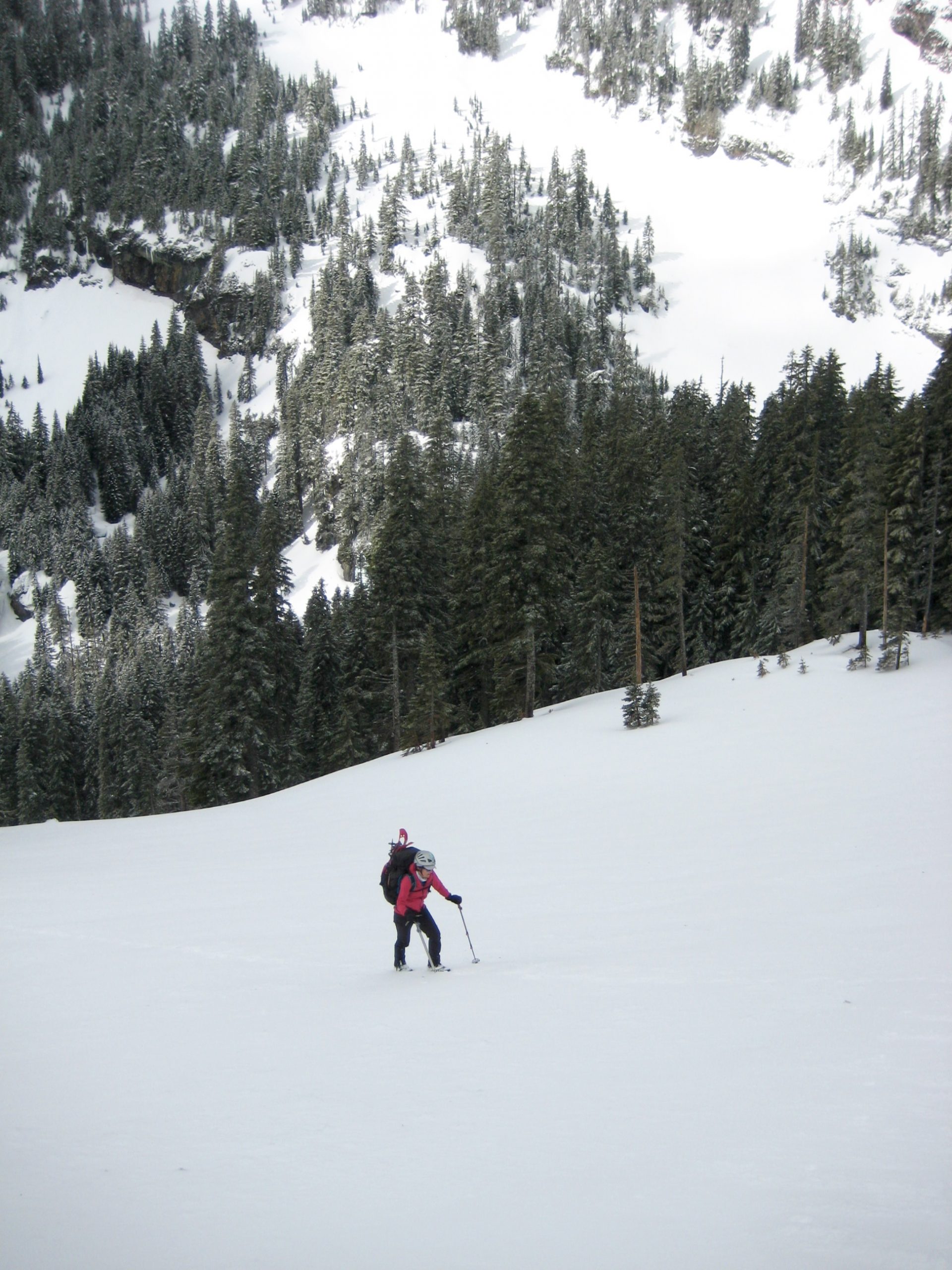 Lisa climbing the snow in the West Couloir Mt Laura in Keechelus Mountain