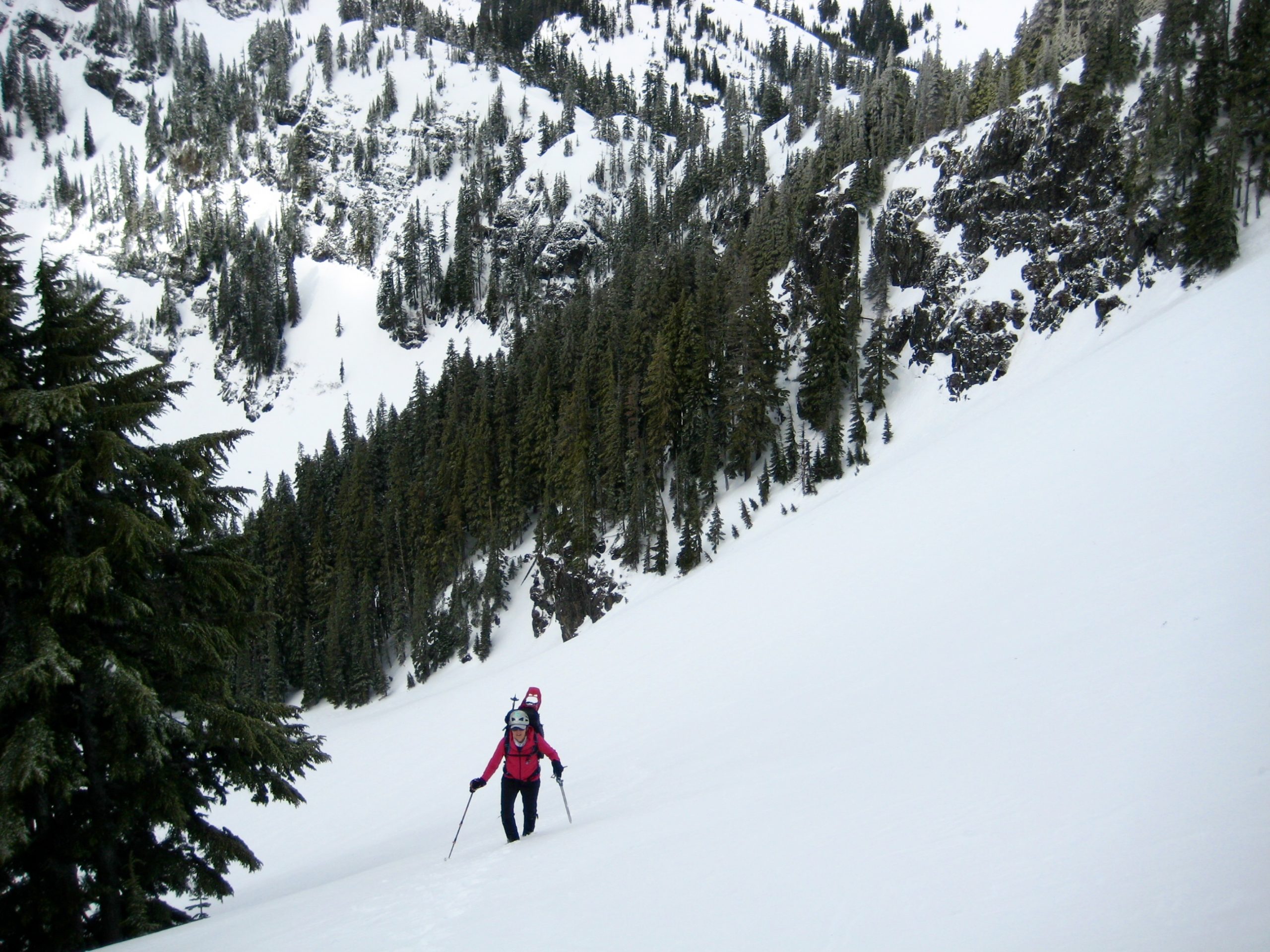 Lisa climbing in the West Couloir near the summit of Mt Laura in Keechelus Mountains