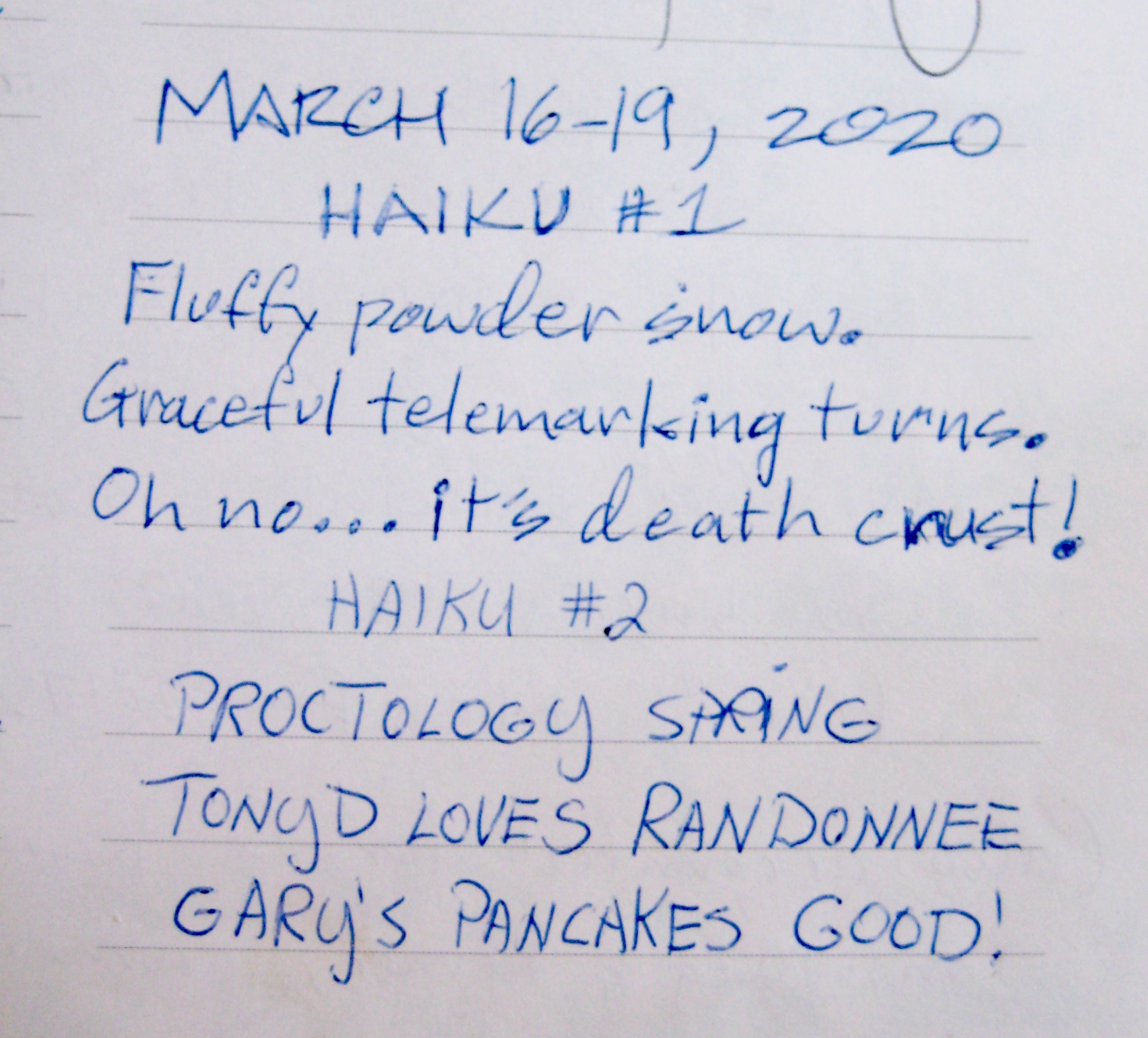 Jim and Tony's Haiku left in Three Creek Hut