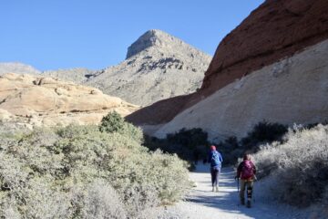 Two hikers approach Turtlehead Peak in Red Rock Canyon, Nevada