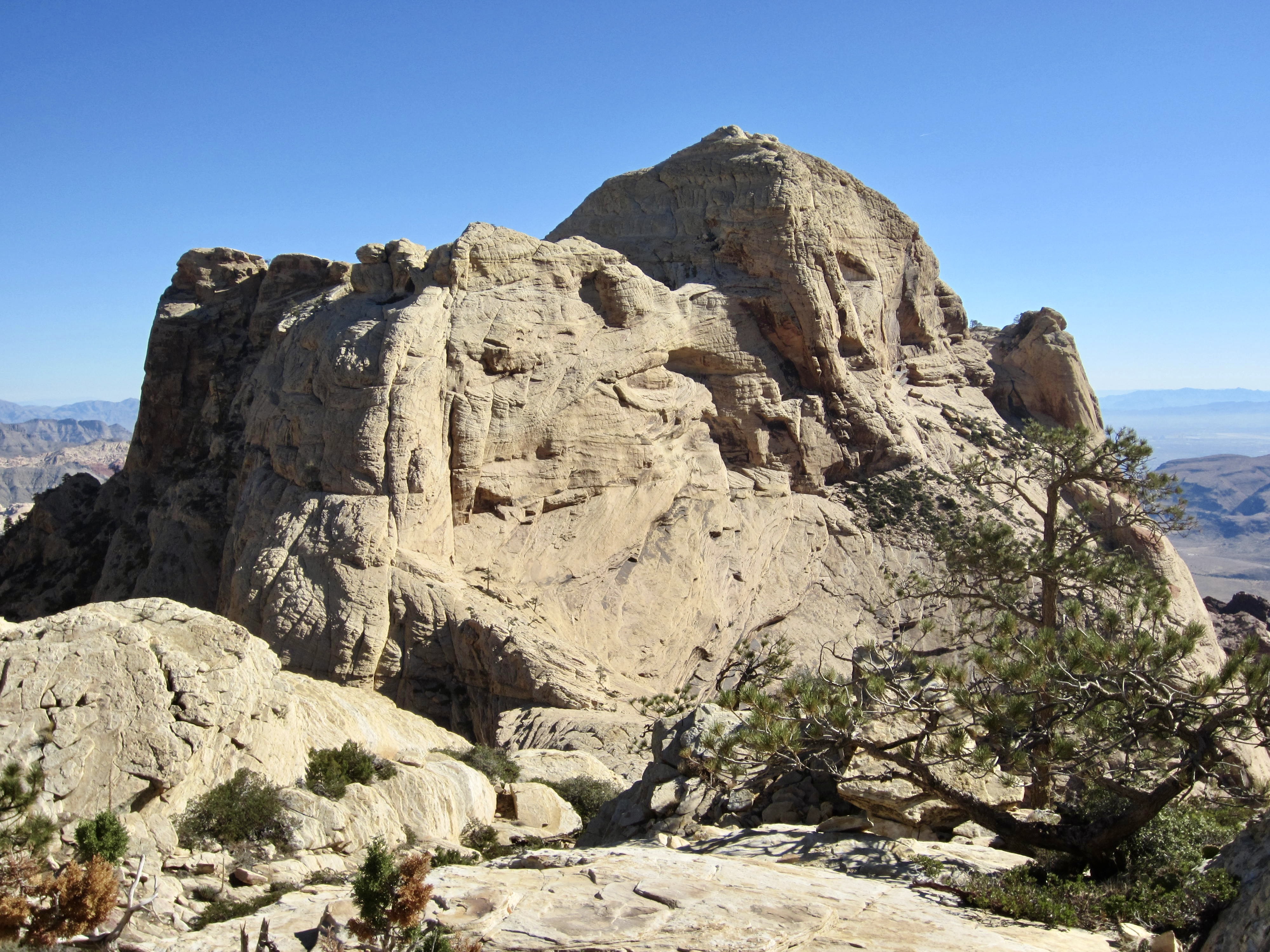 The castle-like summit of Bridge Mountain stands above Red Rock Canyon in Nevada