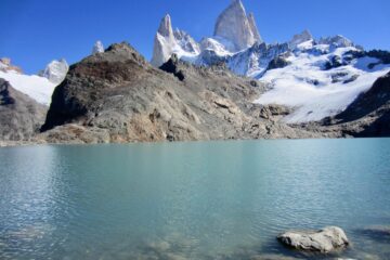 The Fitz Roy Massif stands above Lake de Los Tres in Patagonia Argentina