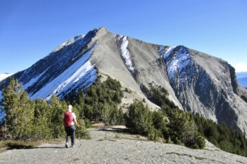 A lone hiker ascends a rounded ridge toward the summit of Beaverhead Peak in the Beaverfoot Range near Golden, BC.