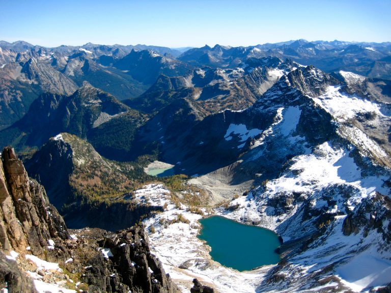 Looking down at Wing Lake and Lewis Lake from Black Peak in the North Cascades