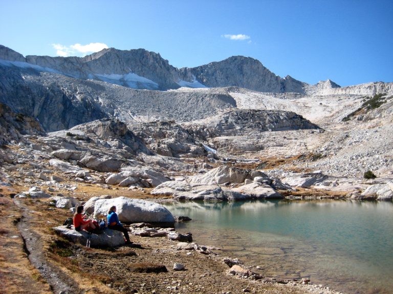 Mt Conness stands above Lower Conness Lake in the Sierra Nevada Mountains near Yosemite National Park