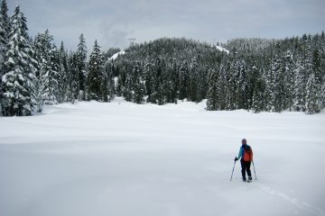 A backcountry skier stands at the edge of snow-covered Hyak Lake during the Nordic Pass Loop near Snoqualmie Pass, Washington
