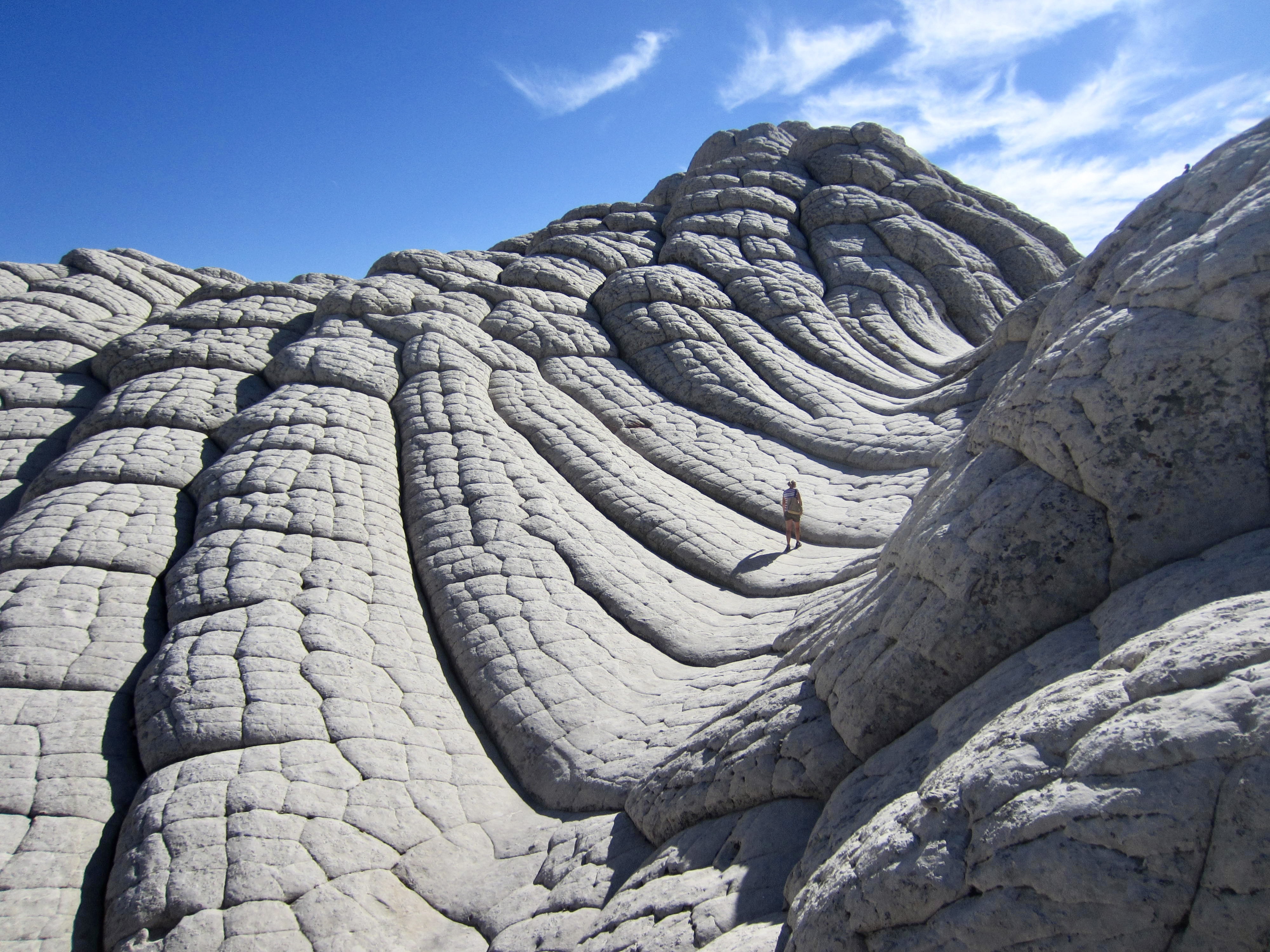 A lone explorer walks up a tessellated sandstone swale at White Pocket in Vermilion Cliffs National Monument, Arizona