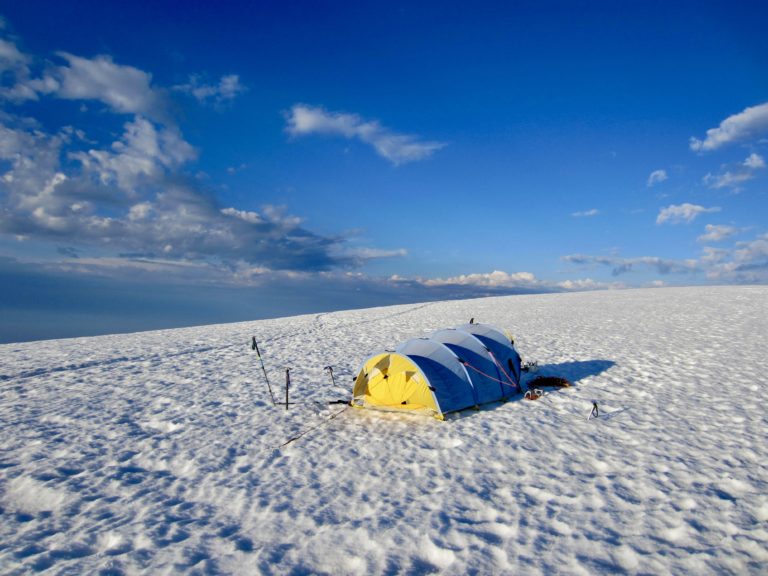 A vintage Omnipotent sits on the summit plateau of Mt Baker in the Washington Cascades