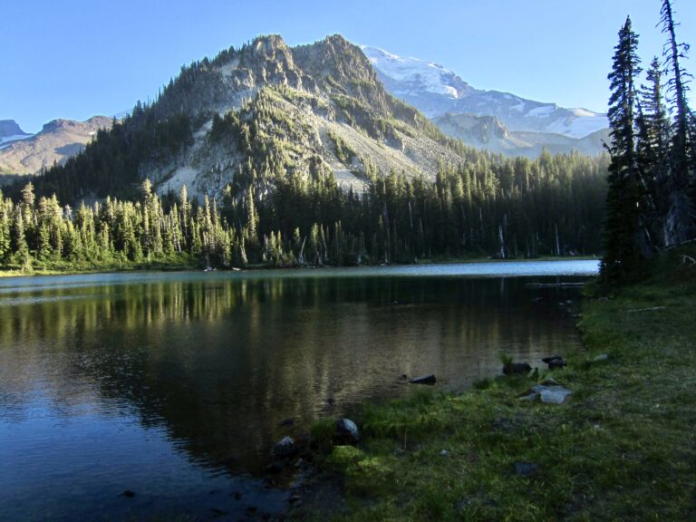 Mount Rainier & Mineral Mountain stand behind Mystic Lake on the Northern Loop Trail in Mount Rainier National Park