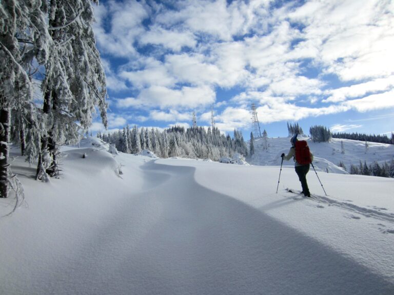 A backcountry skier approaches West Rattlesnake Peak in the Issaquah Alps, WA.
